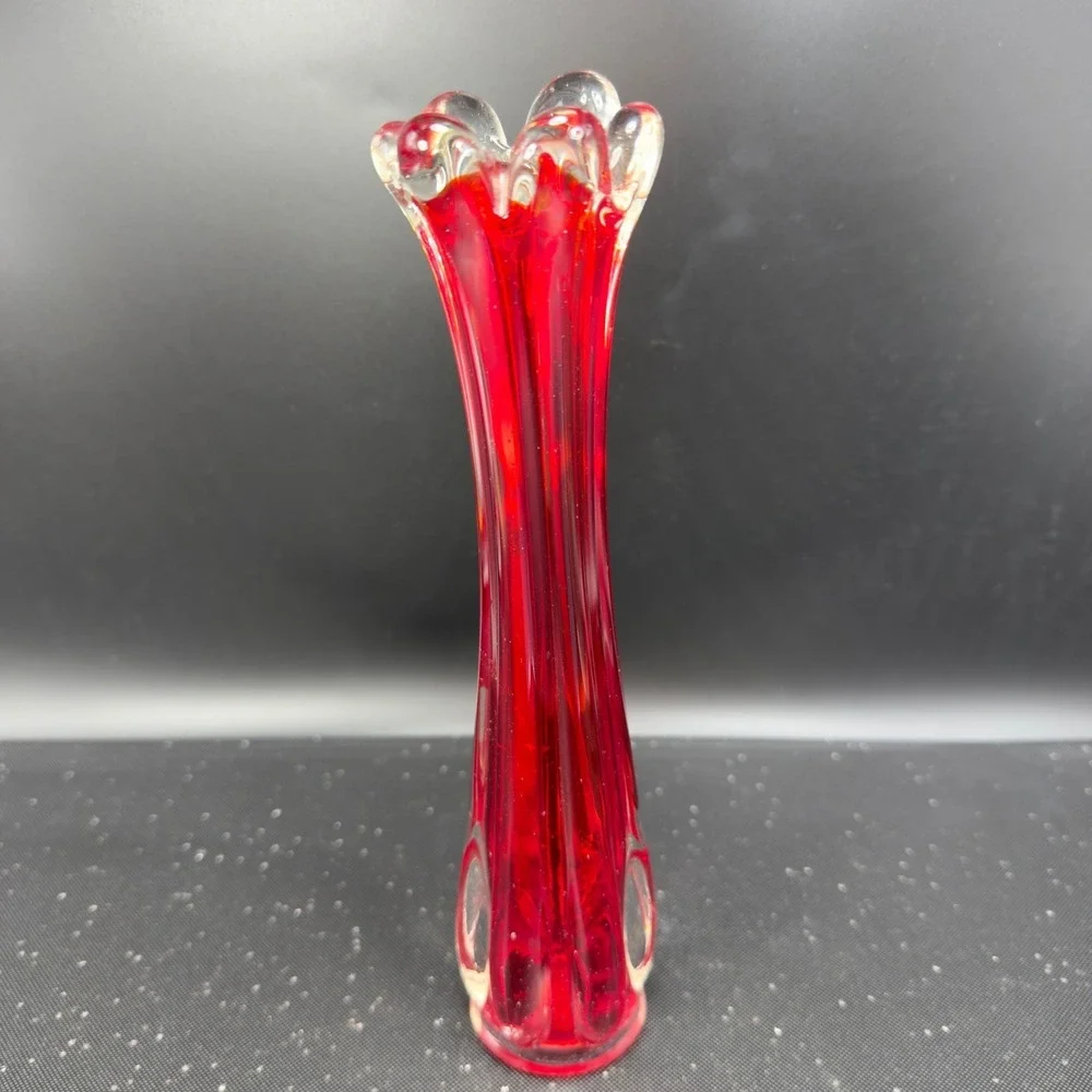 Vintage Ruby Red Swung Glass Bud Vase Ruffled Finger Rim Mid Century Modern‎ VTG